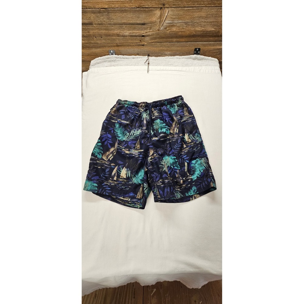 Covington Mens Tropical Sailboat Print Swim Trunks Navy Teal Size Medium 32-34